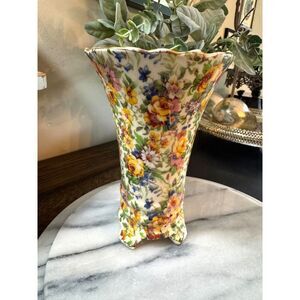Vintage EPIAG Czechoslovakia Stratford Floral Chintz Footed Vase 6" Cottagecore
